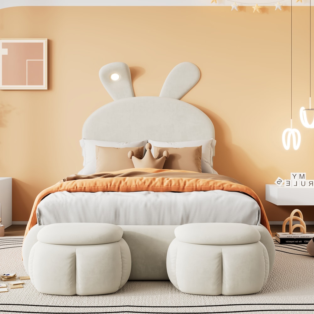 Kaninchenförmiges Bett 90x200 cm mit 2 Sitzbank aus Samt, beige -