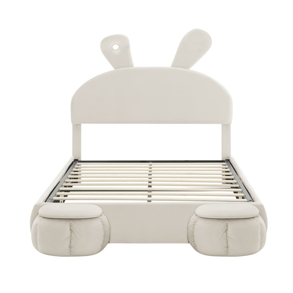 Flieks Kaninchenförmiges Bett 140x200 cm mit 2 Sitzbank aus Samt, beige style modern Samt Baby
