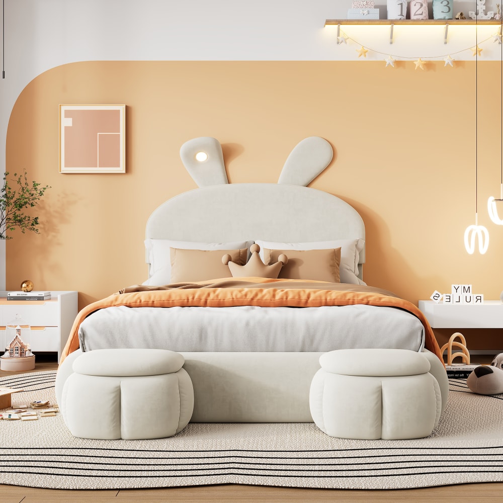 Kaninchenförmiges Bett 140x200 cm mit 2 Sitzbank aus Samt, beige