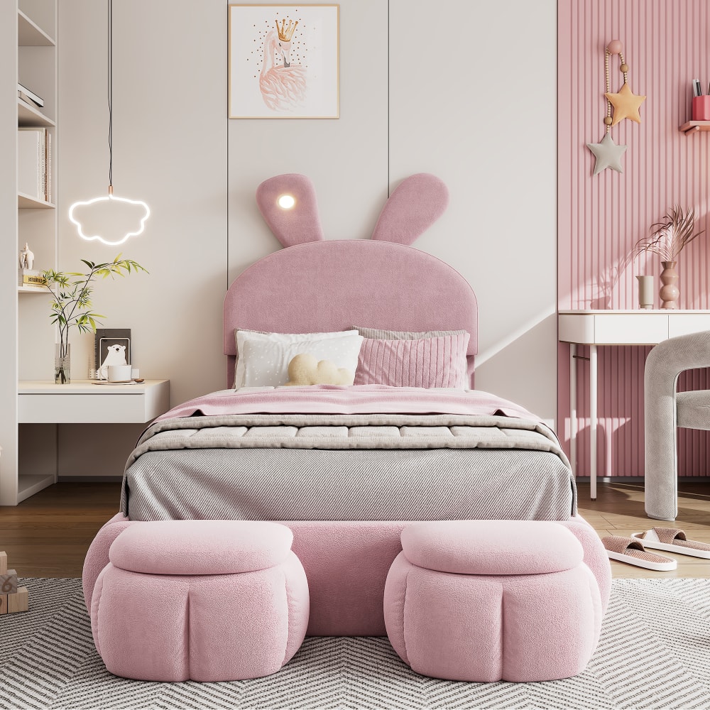 Kaninchenförmiges Bett 90x200 cm mit 2 Sitzbank aus Samt, rosa -