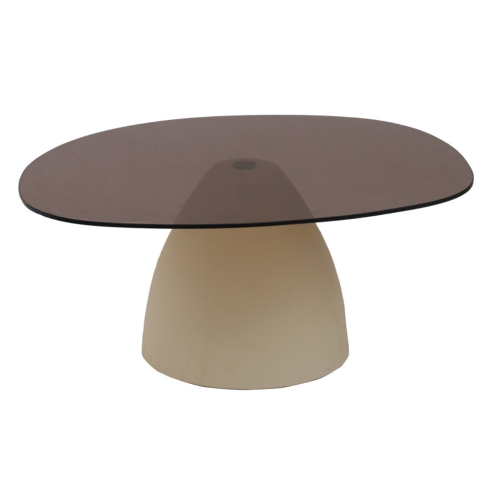 Table basse ovale 76 cm en métal ivoire et verre fumé