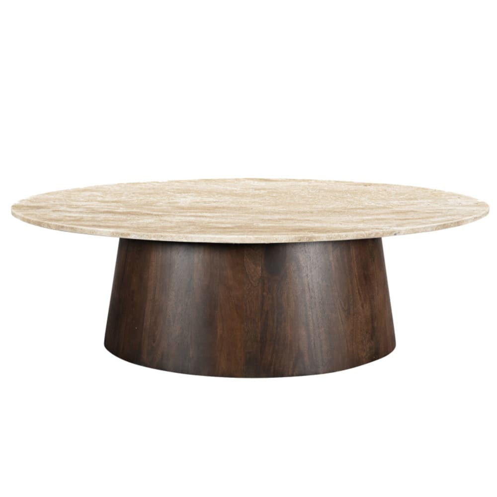 Table basse ovale en Travertin et bois brun