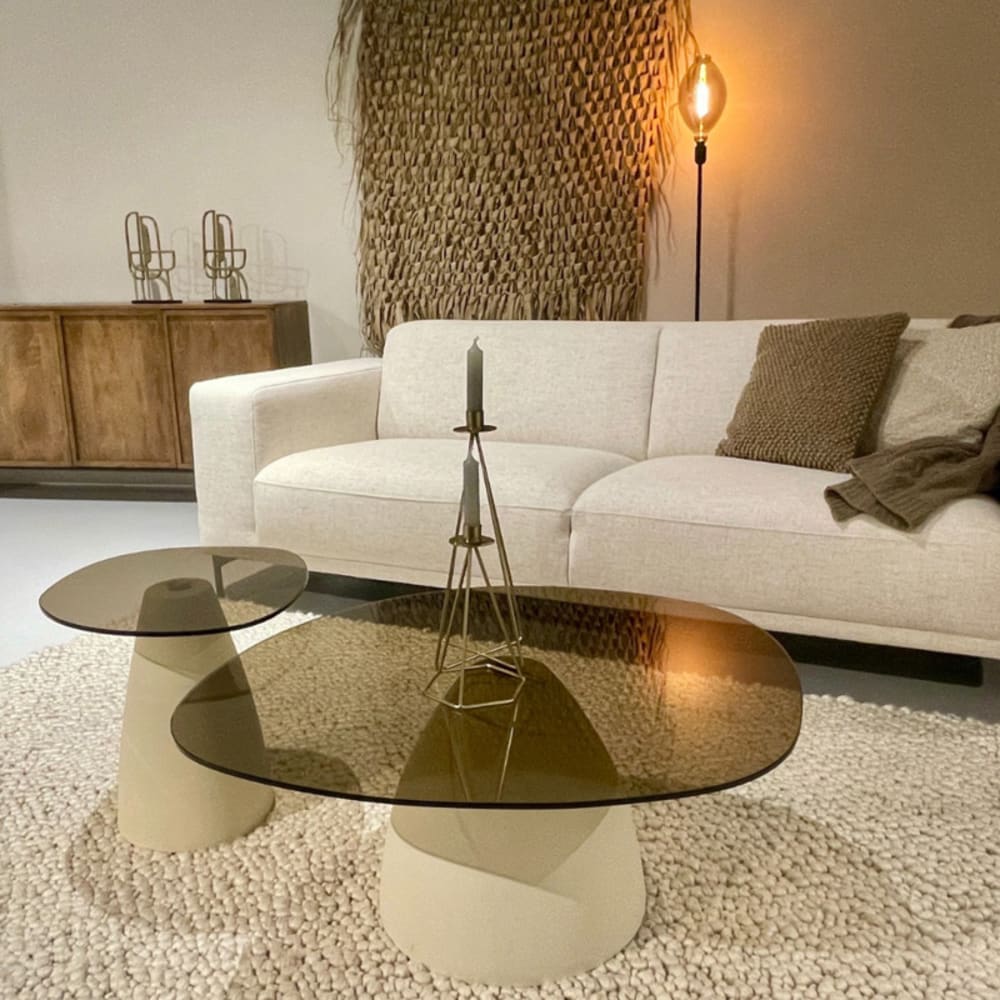 Couchtisch 50 cm aus elfenbeinfarbenem Metall und Rauchglas -