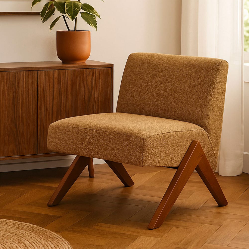 Fauteuil en tissu pieds bois - Marron chiné