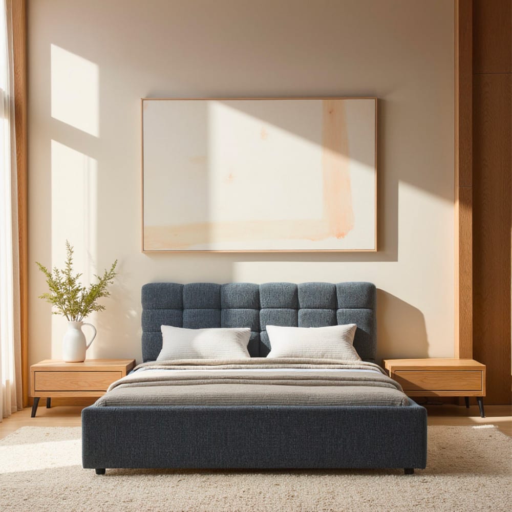 Lit coffre matelassé en tissu 140x190cm - bleu chiné