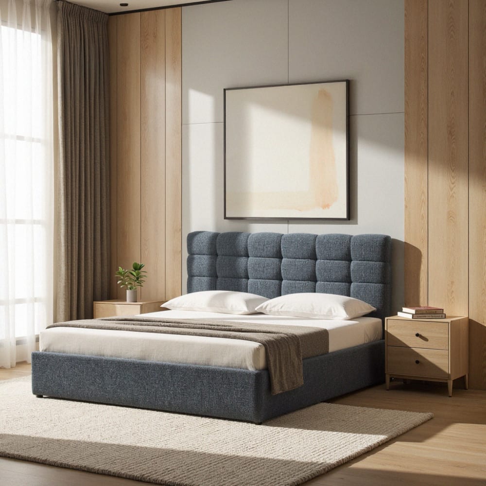 Lit coffre matelassé en tissu 160x200cm - bleu chiné