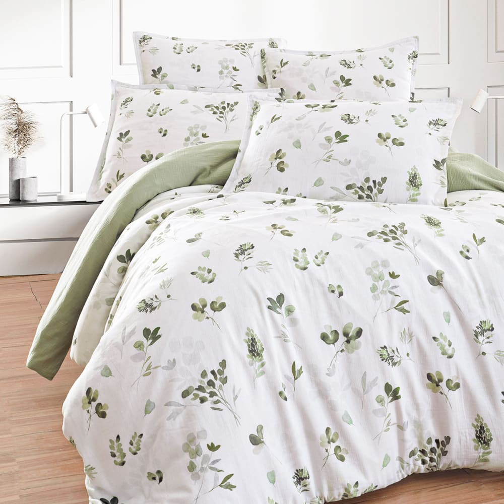 Parure de lit en gaze de coton + 2 taies carrées Lichen 240x220 cm