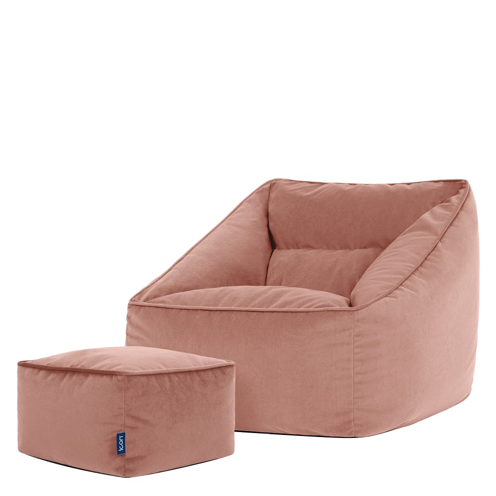 Pouf poire fauteuil avec repose-pied carré velours rose aube