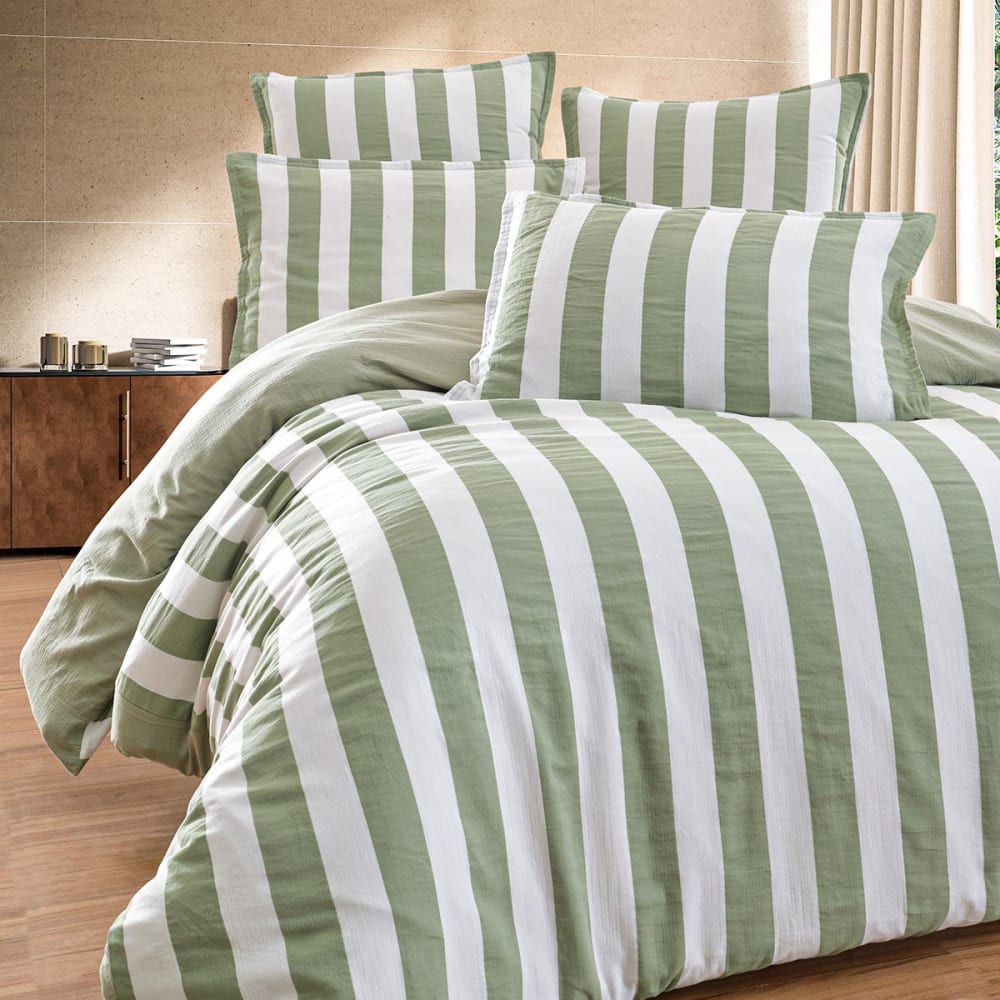 Parure de lit en gaze de coton + 2 taies rectangles Sauge 240x220 cm