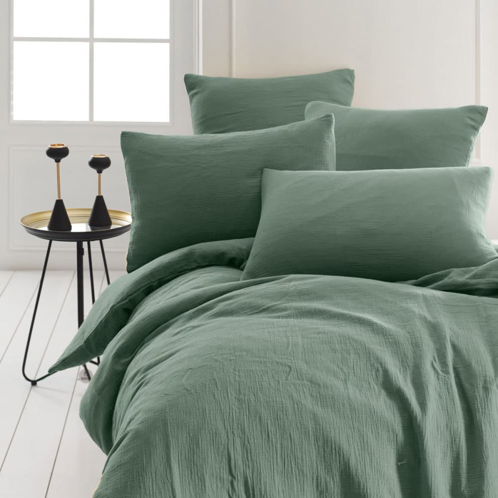 Parure de lit gaze de coton + 2 taies carrées lichen 240x220 cm