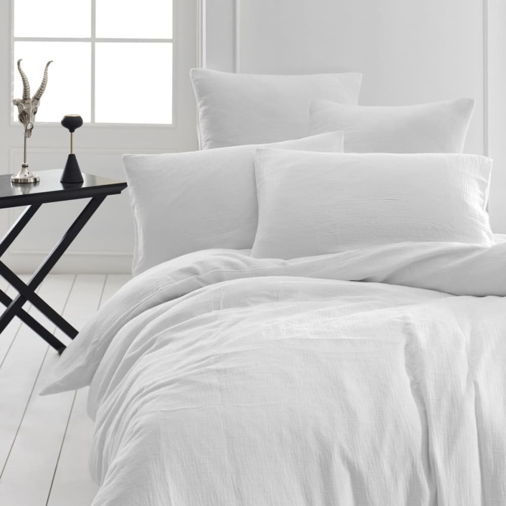 Parure de lit gaze de coton+2 taies rectangles blanc 140x200 cm