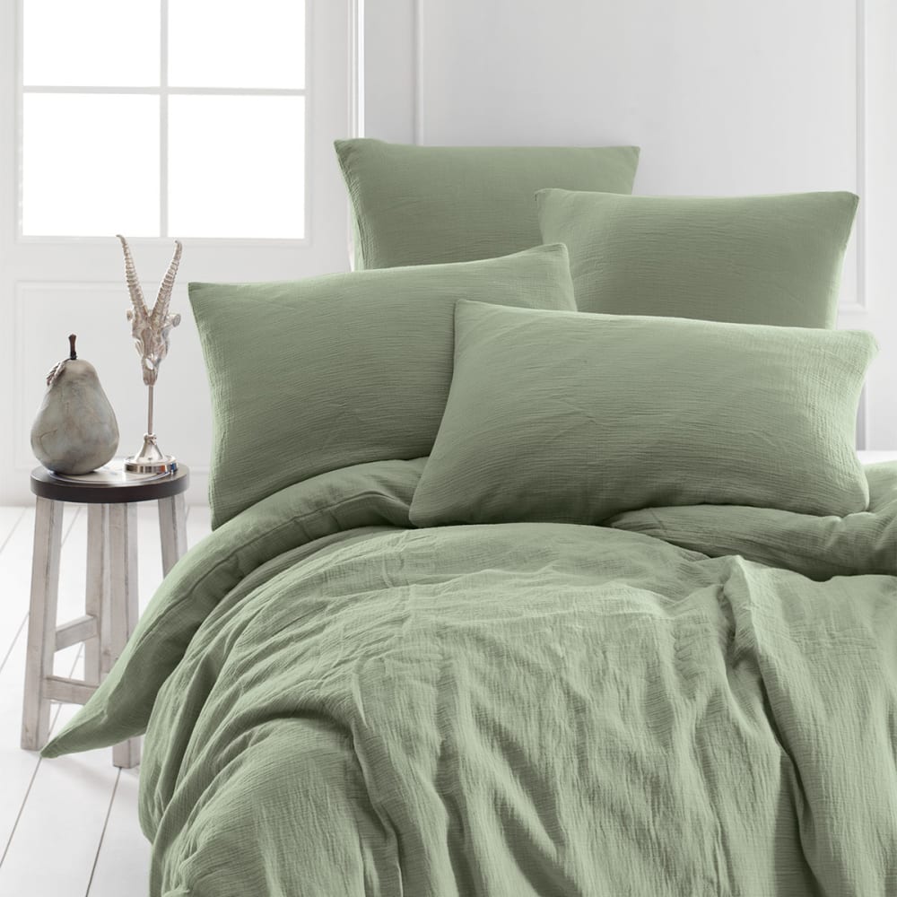 Parure de lit gaze de coton+2 taies rectangles sauge 140x200 cm
