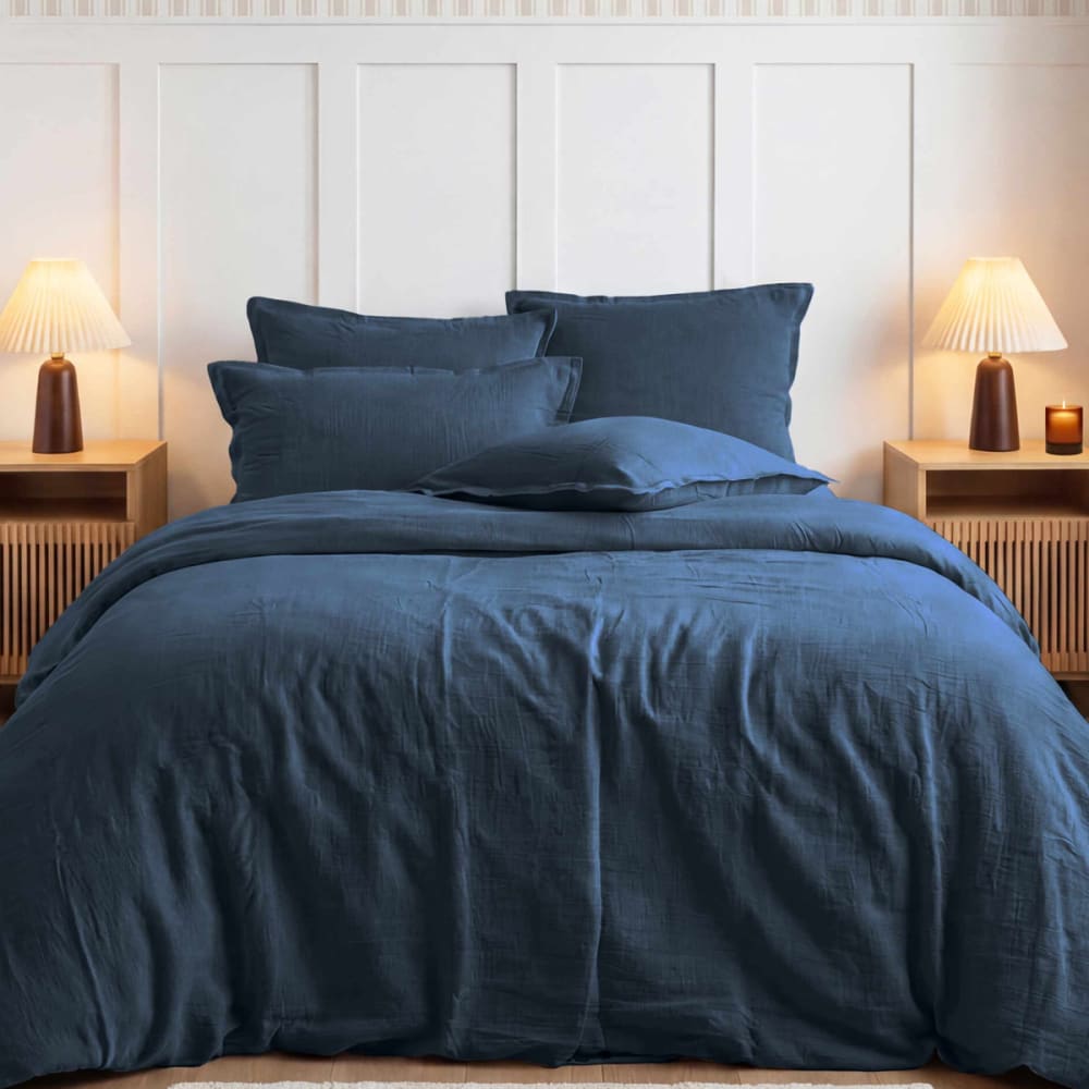 Parure de lit gaze de coton+2 taies rectangles Indigo 140x200 cm