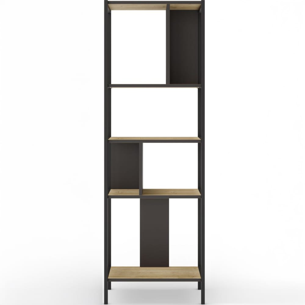 Bibliothèque 4 niveaux en métal noir et effet chêne 58 cm