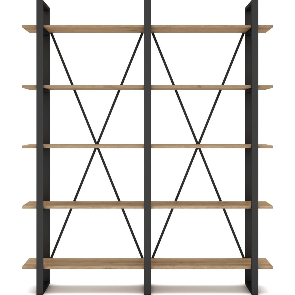 Bibliothèque 4 niveaux en métal noir et effet chêne 147.5 cm