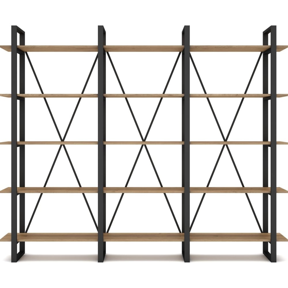 Bibliothèque 4 niveaux en métal noir et effet chêne 217.5 cm