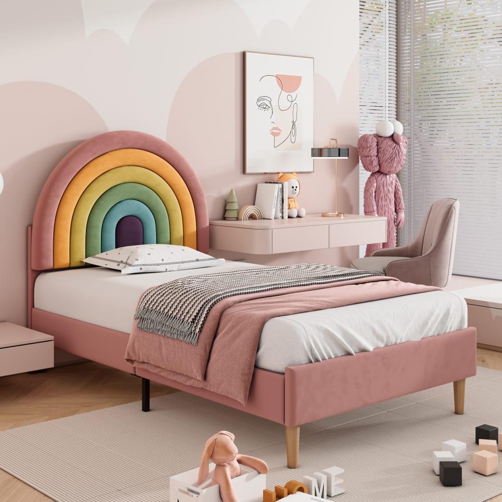 Bett 90x200 cm mit regenbogenförmigem Kopfteil, aus Samt, rosa -