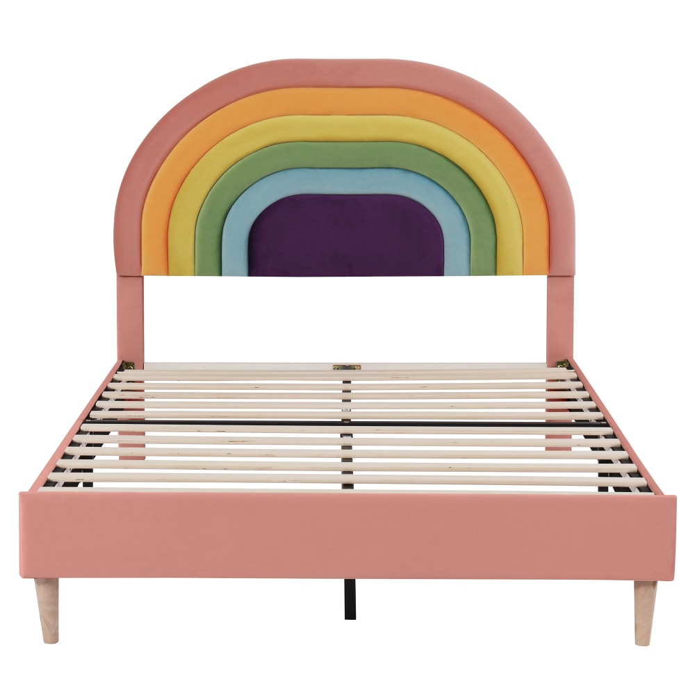 Flieks Bett 140x200 cm mit regenbogenförmigem Kopfteil, aus Samt, rosa style modern Samt Baby
