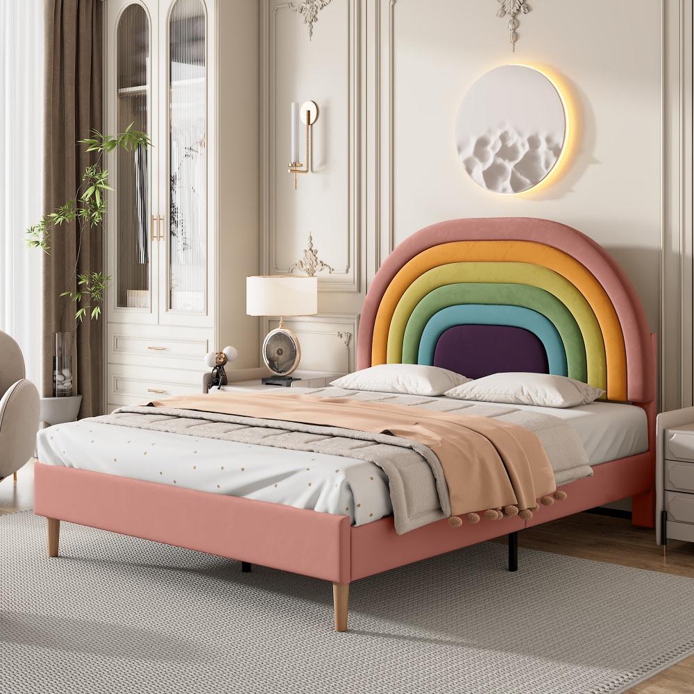 Bett 140x200 cm mit regenbogenförmigem Kopfteil, aus Samt, rosa -