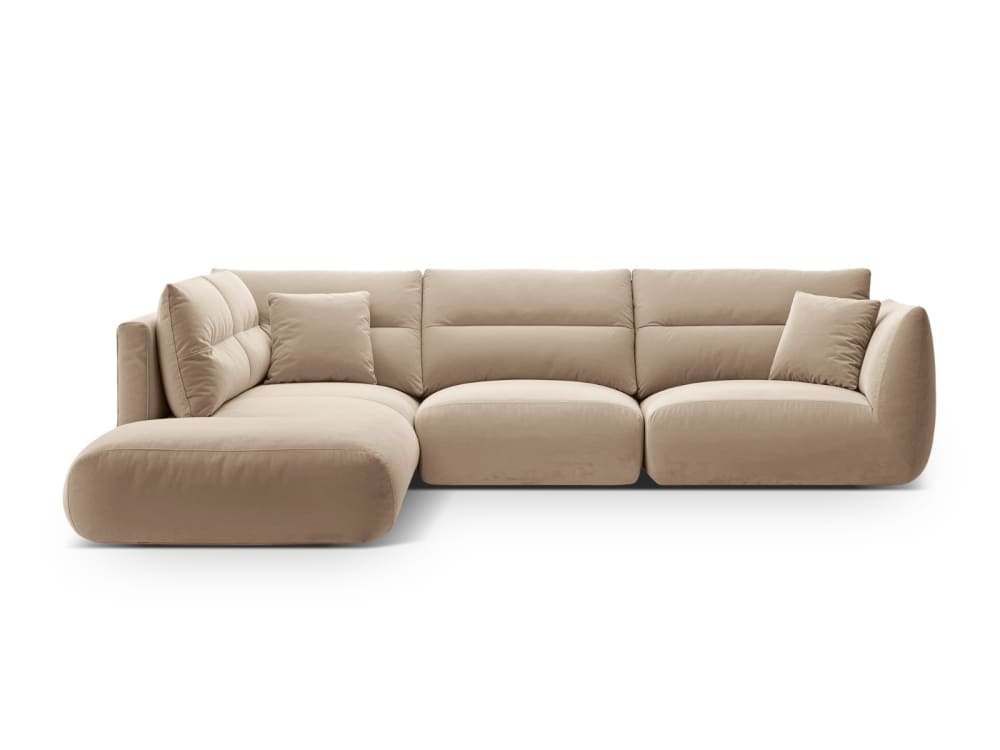 Canapé d'angle gauche 7 places en velours amande beige