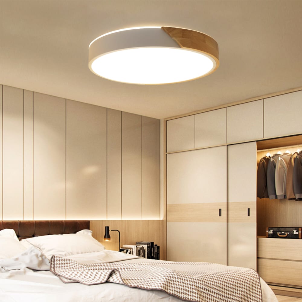 Plafonnier LED métal blanc et bois Ø40 cm, 30W CCT — vue 3