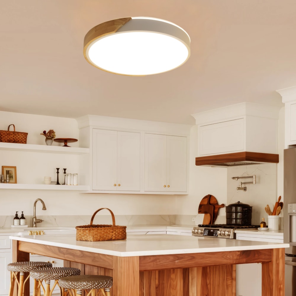 Plafonnier LED métal blanc et bois Ø40 cm, 30W CCT — vue 4