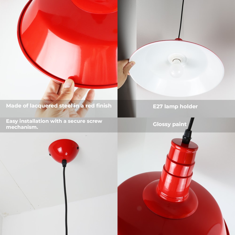 Plafonnier industriel métal rouge, E27 Ø36 cm — vue 3