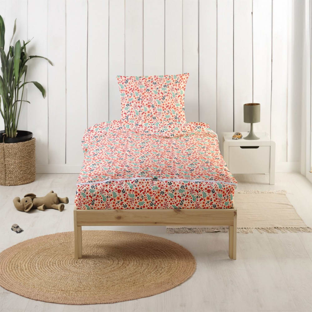 Parure de lit enfant sans couette motif fleurs 90x190cm (Bleu Câlin) - Image 1