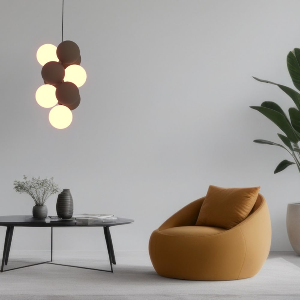 Plafonnier acoustique vertical 4 lumières, 6 sphères marron 190cm — vue 3