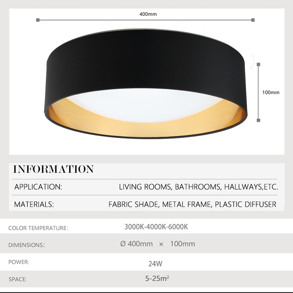 Plafonnier LED textile noir et doré Ø40 cm, 24W — vue 4