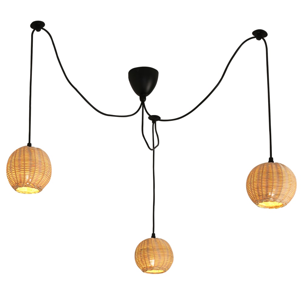 Plafonnier artisanal bambou et rotin naturel, 3 lumières, E27 13cm