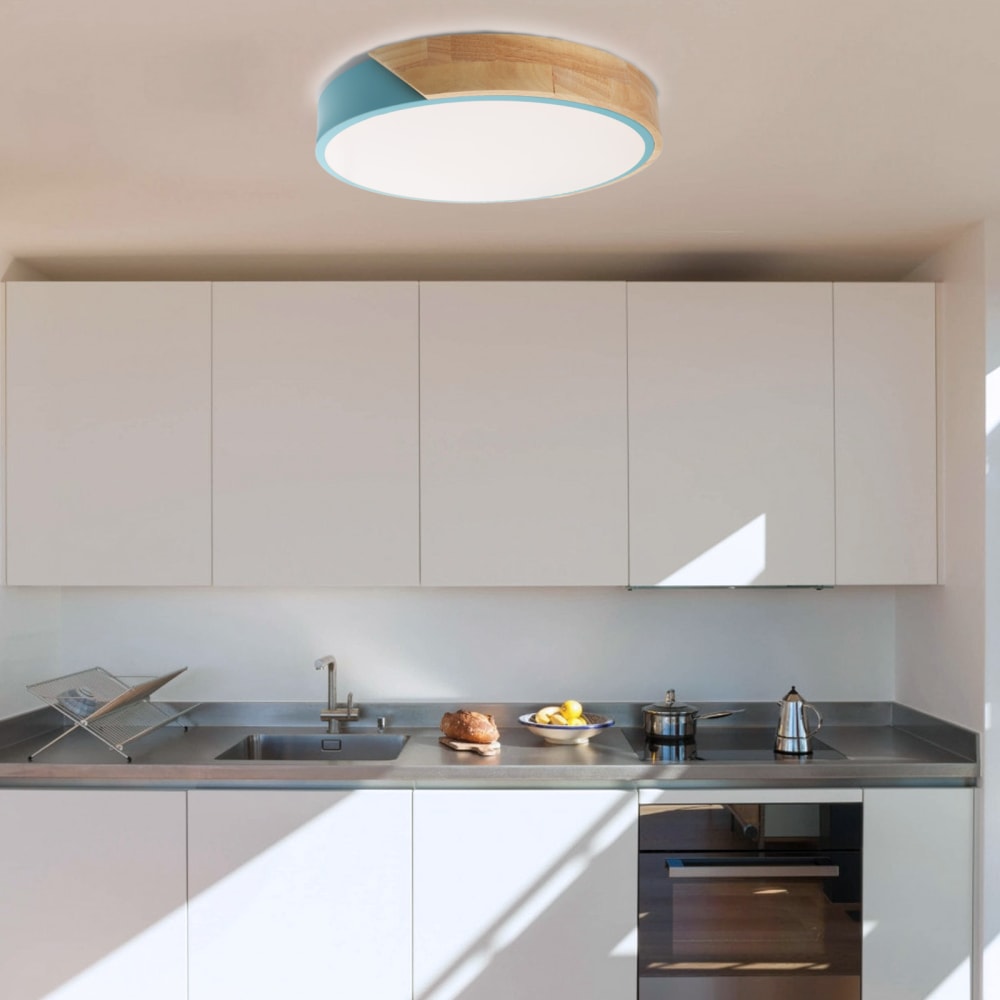 Plafonnier LED métal bleu et bois Ø40 cm, 30W CCT — vue 3