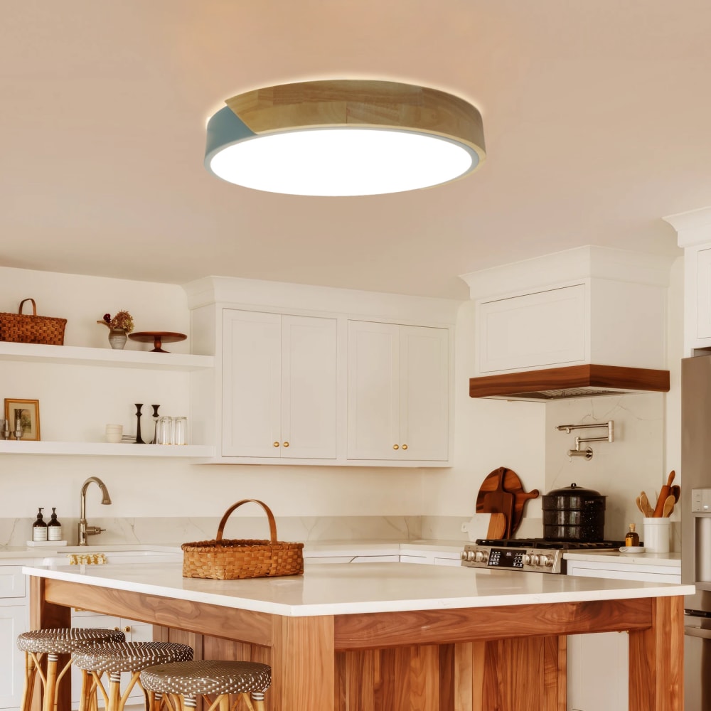 Plafonnier LED métal bleu et bois Ø40 cm, 30W CCT — vue 4