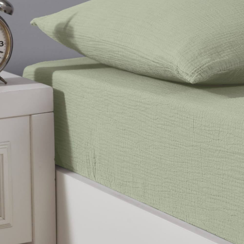 Drap-housse en gaze de coton bonnet 30 cm sauge 140x200 cm — vue 3