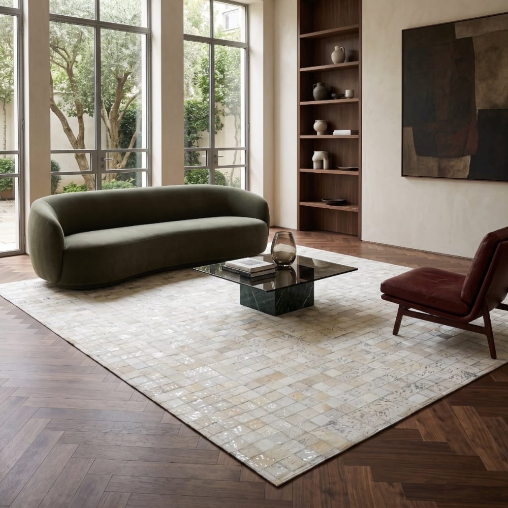 The Deco Factory Teppich aus echtem Leder Weiß und Silber 190x290 style modern Weiß Leder
