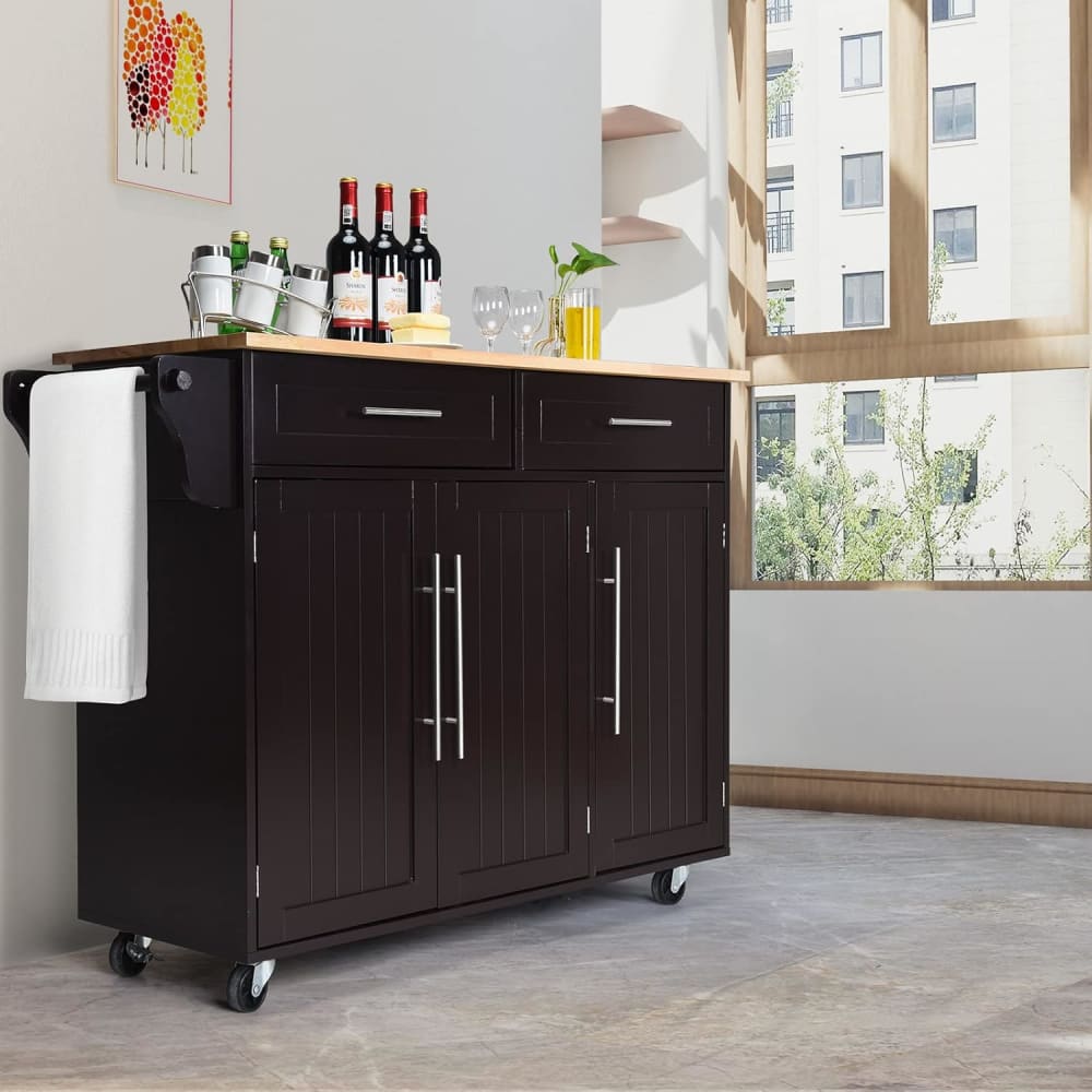 Desserte îlot de cuisine à roulettes en bois marron 122x46x93cm