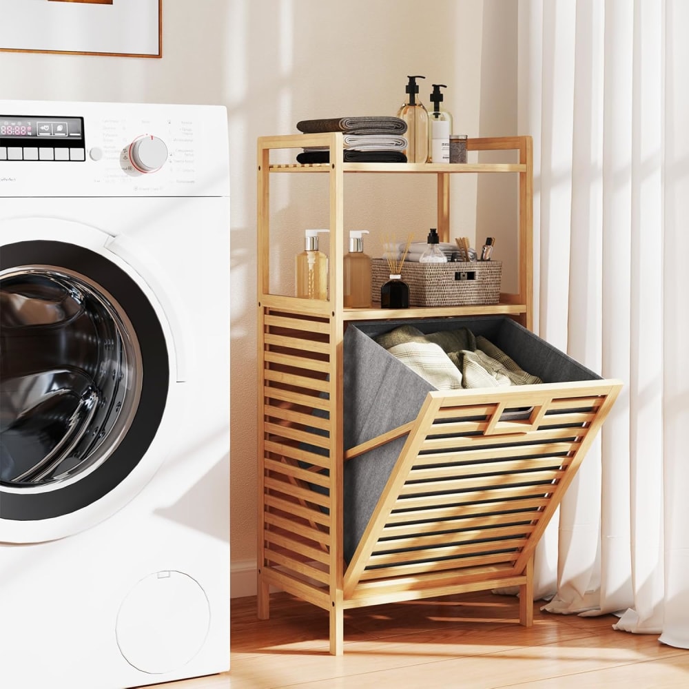 Panier à linge en bambou avec 2 étagères beige 43,5 x 33 x 96 cm