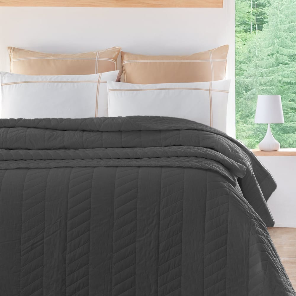 Couvre-lit en percale de coton surpiqué Anthracite 230x250 cm