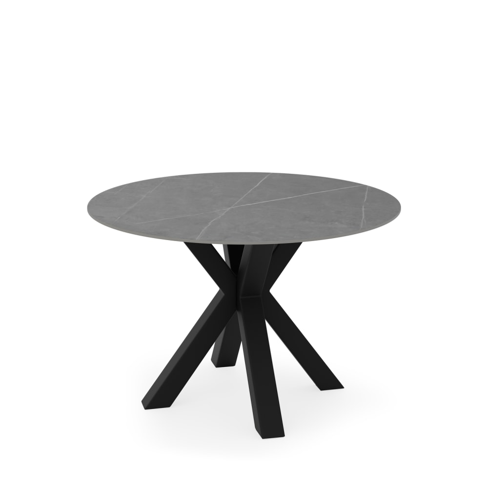 mesa fija redonda 120 tapa porcelanico gris y patas metalicas negras