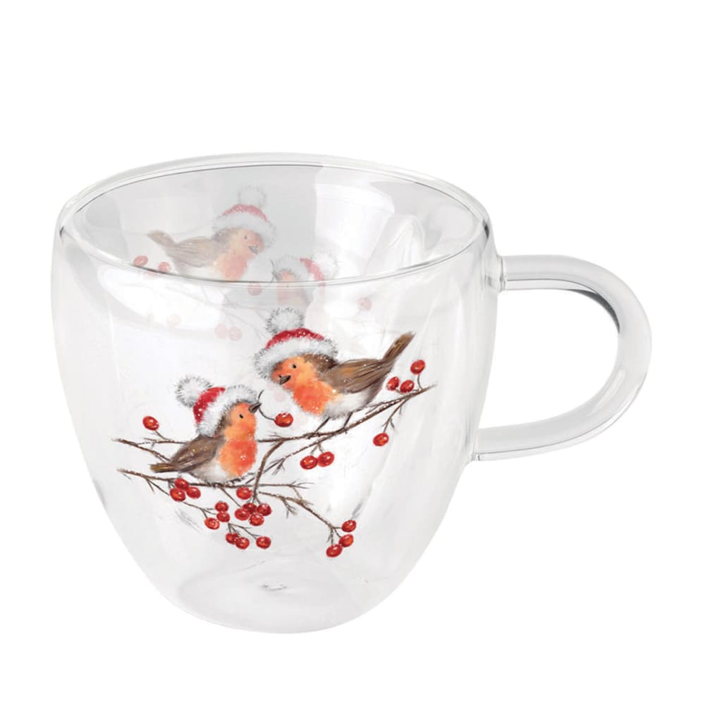 Tasse à thé en verre double paroi rouges-gorges de Noël
