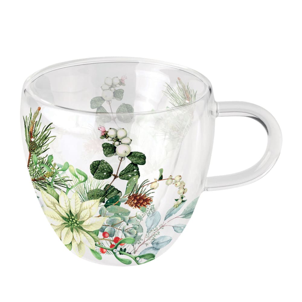 Tasse à thé en verre double paroi poinsettia blanc