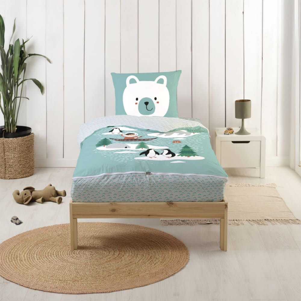 Parure de lit enfant avec couette motif igloo 90x190cm (Bleu Câlin) - Image 1