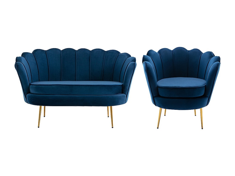 Ensemble canapé fauteuil fixe velours 3 places bleu nuit
