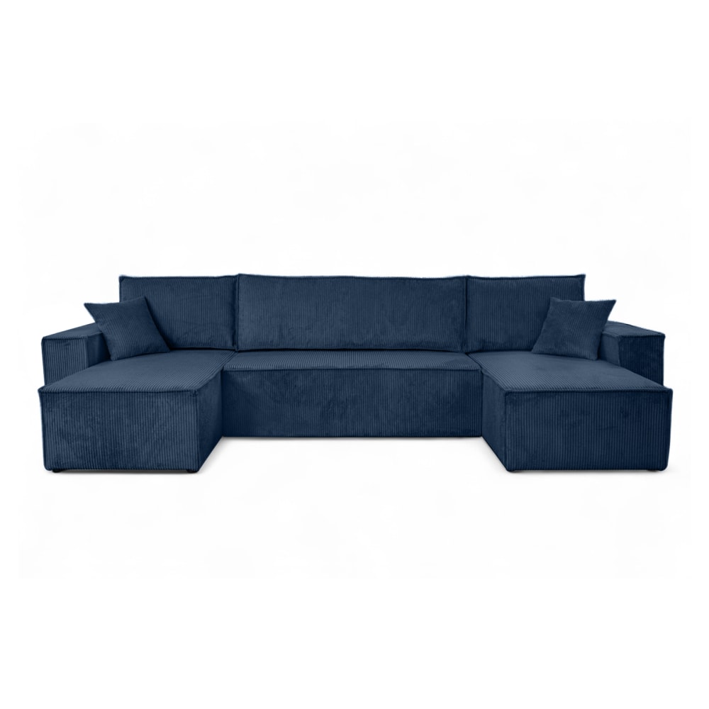 Canapé d'angle panoramique convertible 6 places velours côtelé bleu