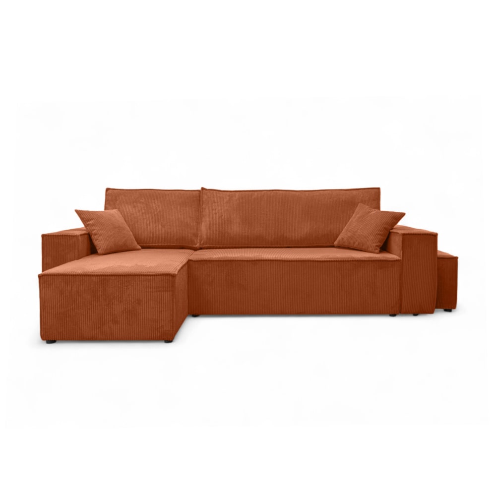 Canapé d'angle convertible avec un pouf en velours côtelé - Terracotta