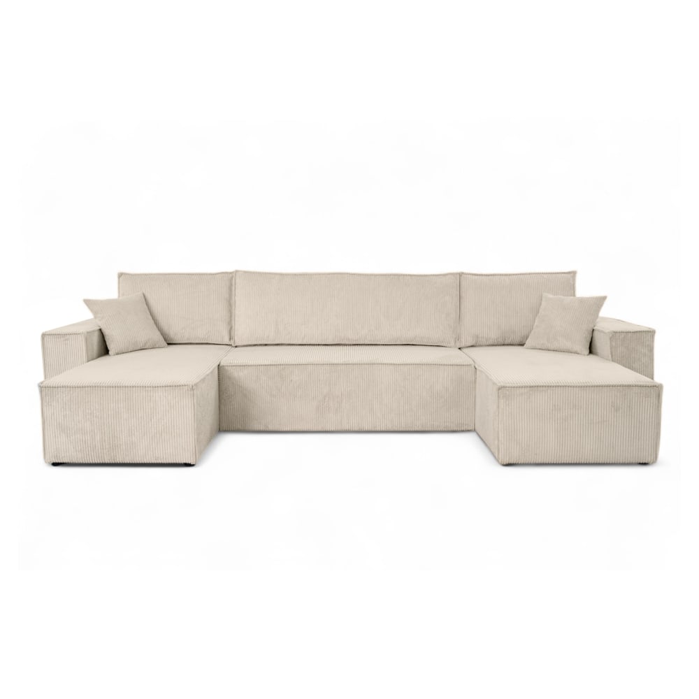 Canapé d'angle panoramique convertible 6 places velours côtelé beige