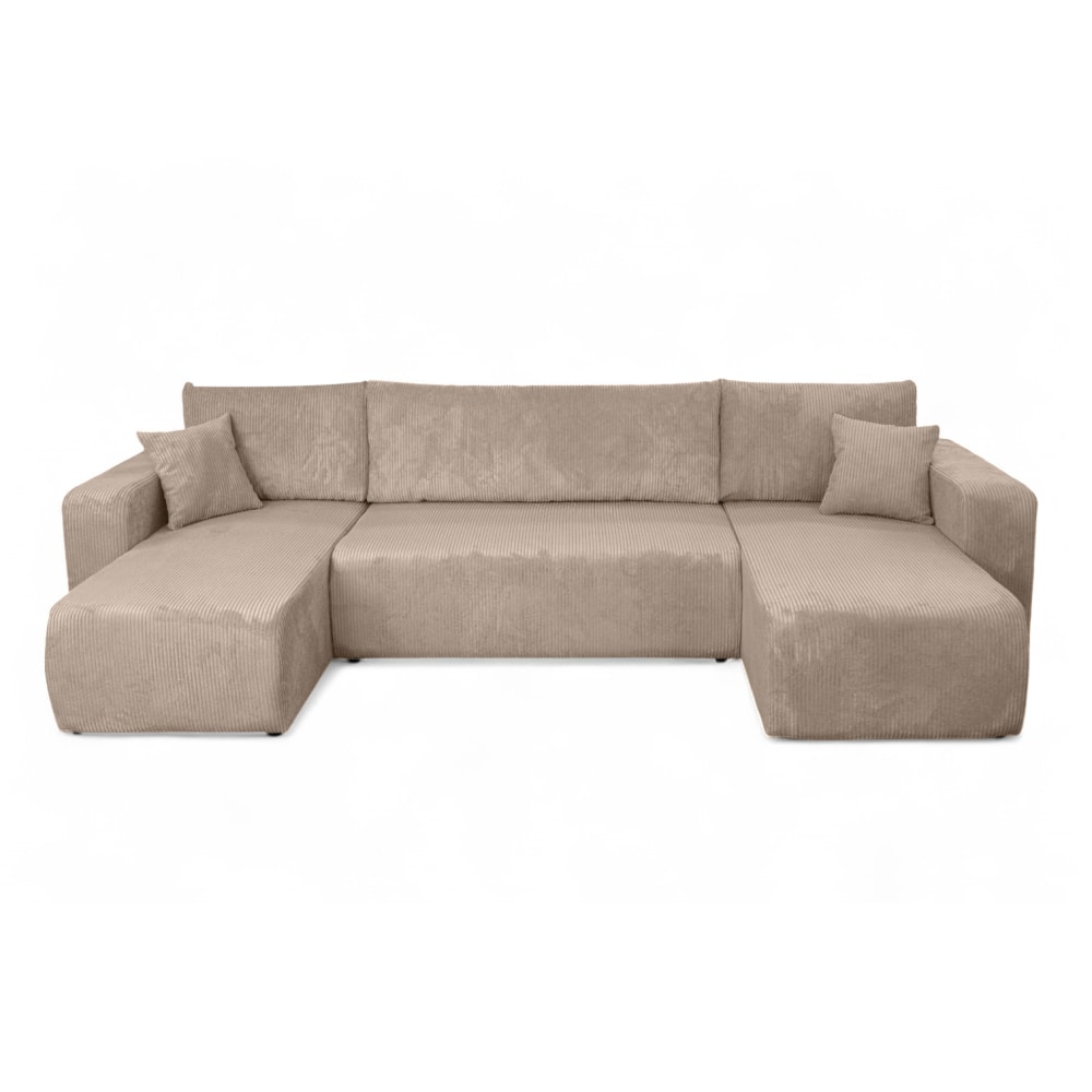 Canapé d'angle panoramique convertible 6 places velours côtelé taupe