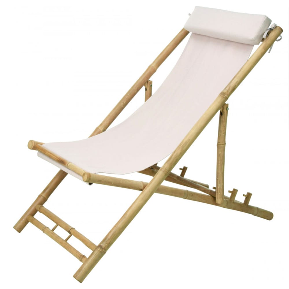 Chaise longue pliante chilienne bambou et tissu blanc 112x60x80cm