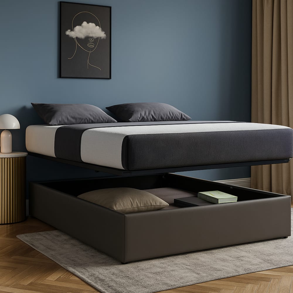 Lit coffre ouverture parallèle simili cuir gris 160x200 cm