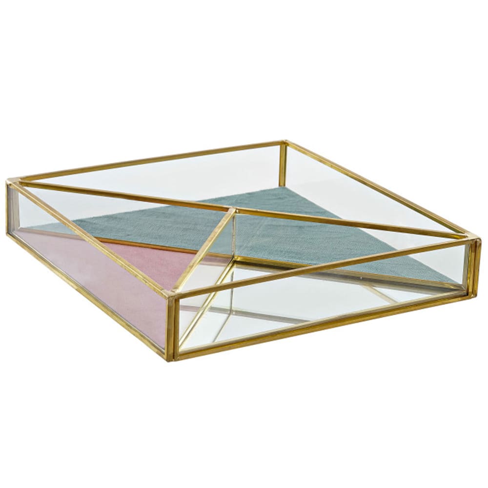 Plateau rangement bijoux en métal doré, velours et miroir 20x20x3.5cm